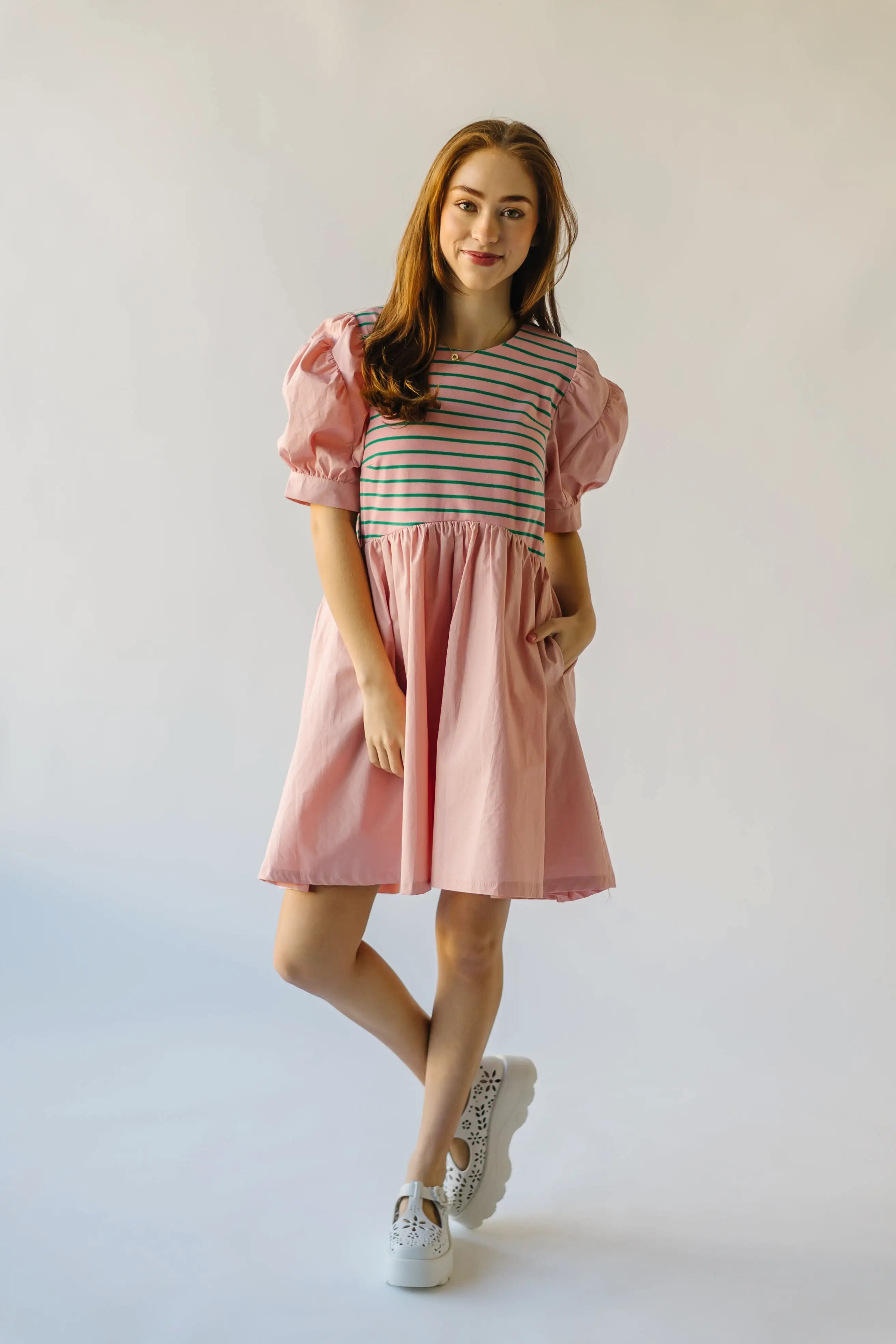 The Taylen Puff Sleeve Dress in Pink + Green Stripe