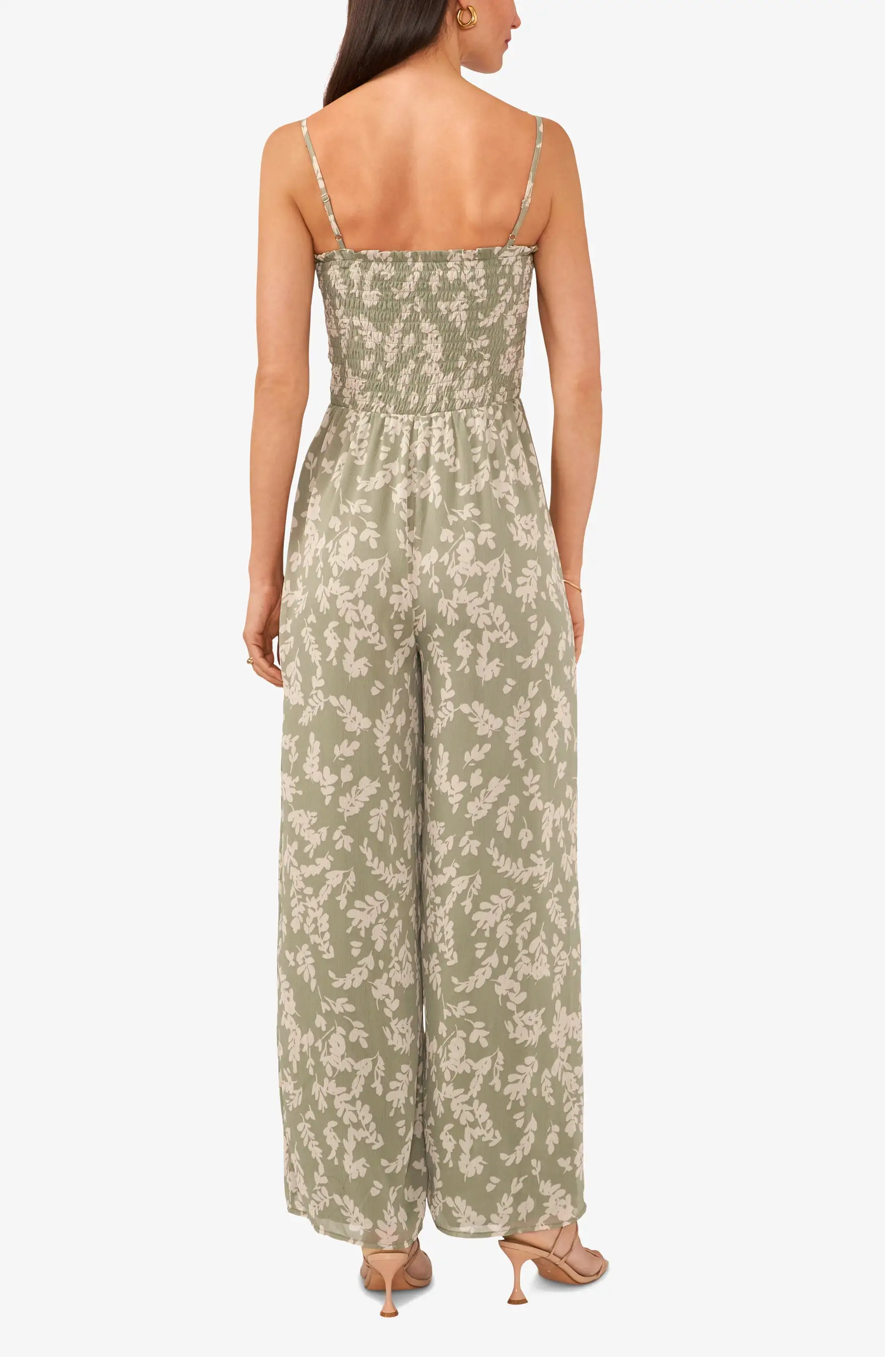 Tie Shoulder Floral Smocked Jumpsuit