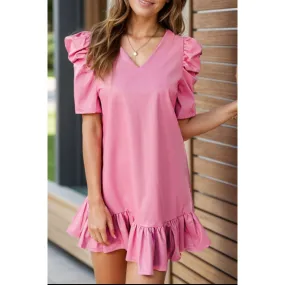 V-Neck Puff Sleeve Mini Dress