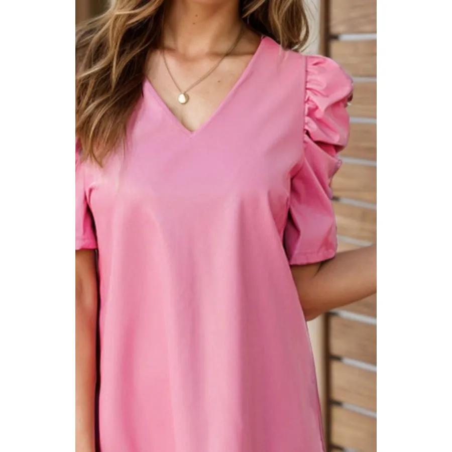 V-Neck Puff Sleeve Mini Dress