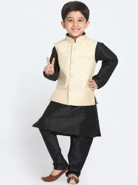 Vastramay Boys' Cream Cotton Silk Blend Waistcoat, Black Kurta and Pyjama Set