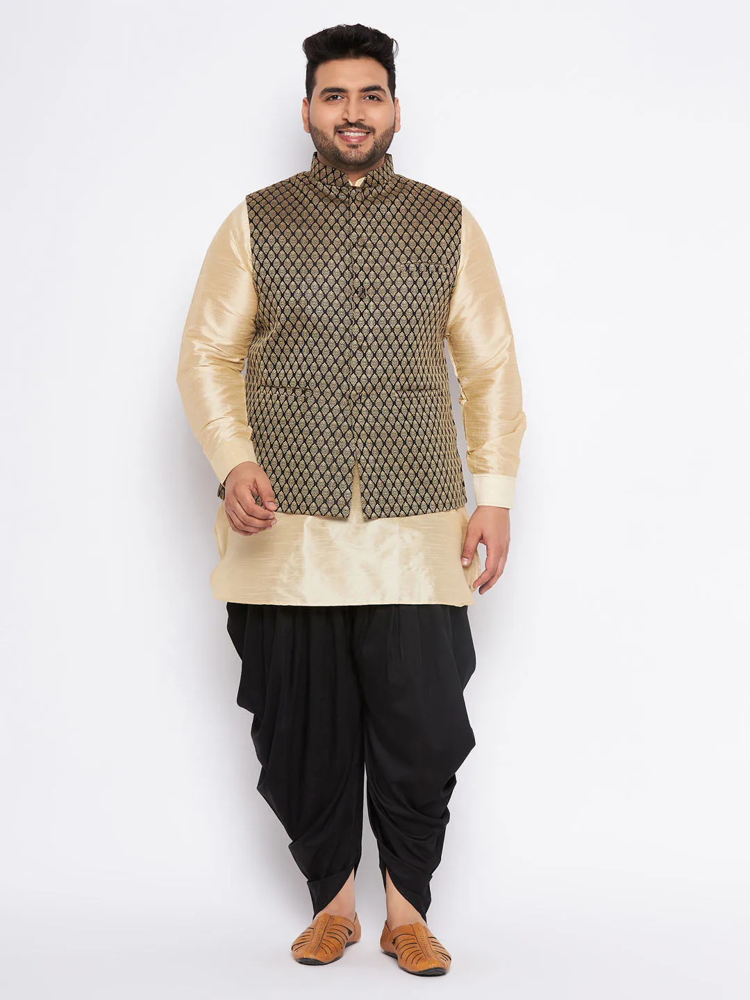 VASTRAMAY Men's Plus Size  Black Ethnic Jacket With golden Silk Blend Kurta and black dhoti Set