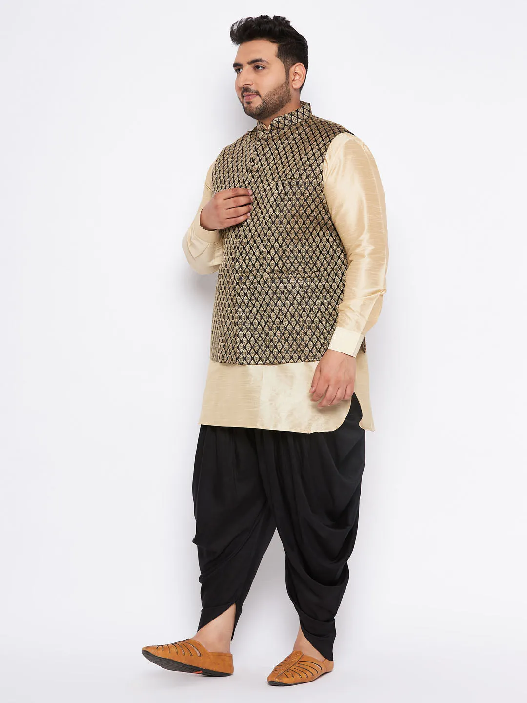 VASTRAMAY Men's Plus Size  Black Ethnic Jacket With golden Silk Blend Kurta and black dhoti Set