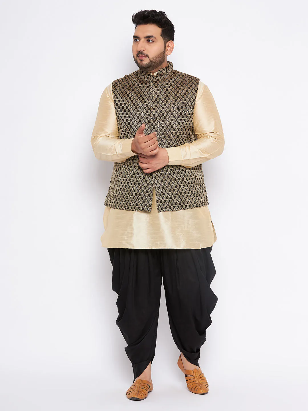 VASTRAMAY Men's Plus Size  Black Ethnic Jacket With golden Silk Blend Kurta and black dhoti Set