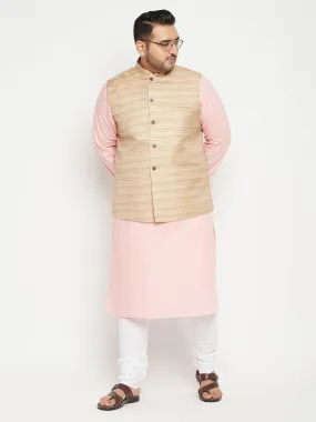 VASTRAMAY Men's Plus Size Pink Kurta And White Pyjama Set With Beige Nehru Jacket