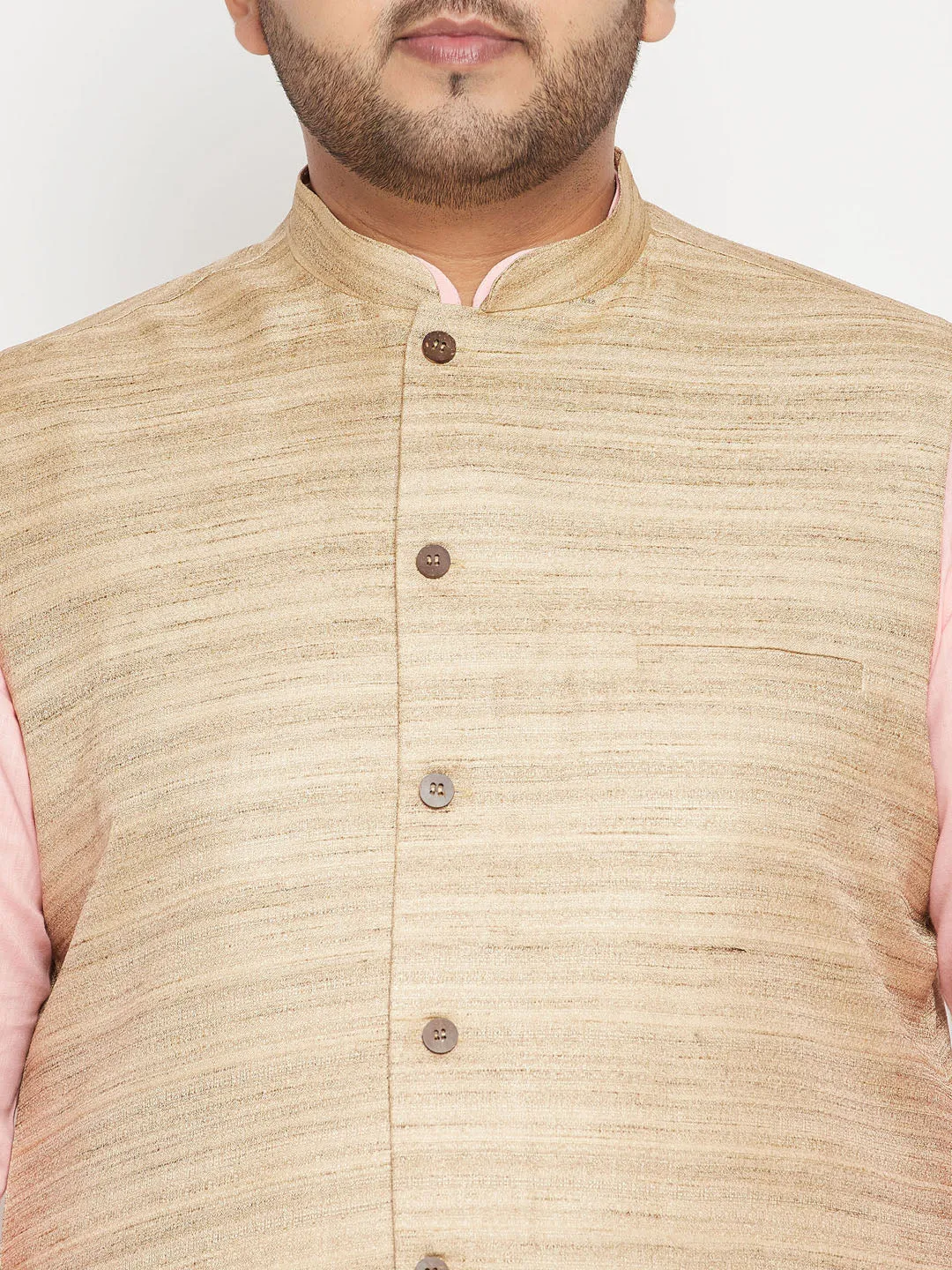 VASTRAMAY Men's Plus Size Pink Kurta And White Pyjama Set With Beige Nehru Jacket