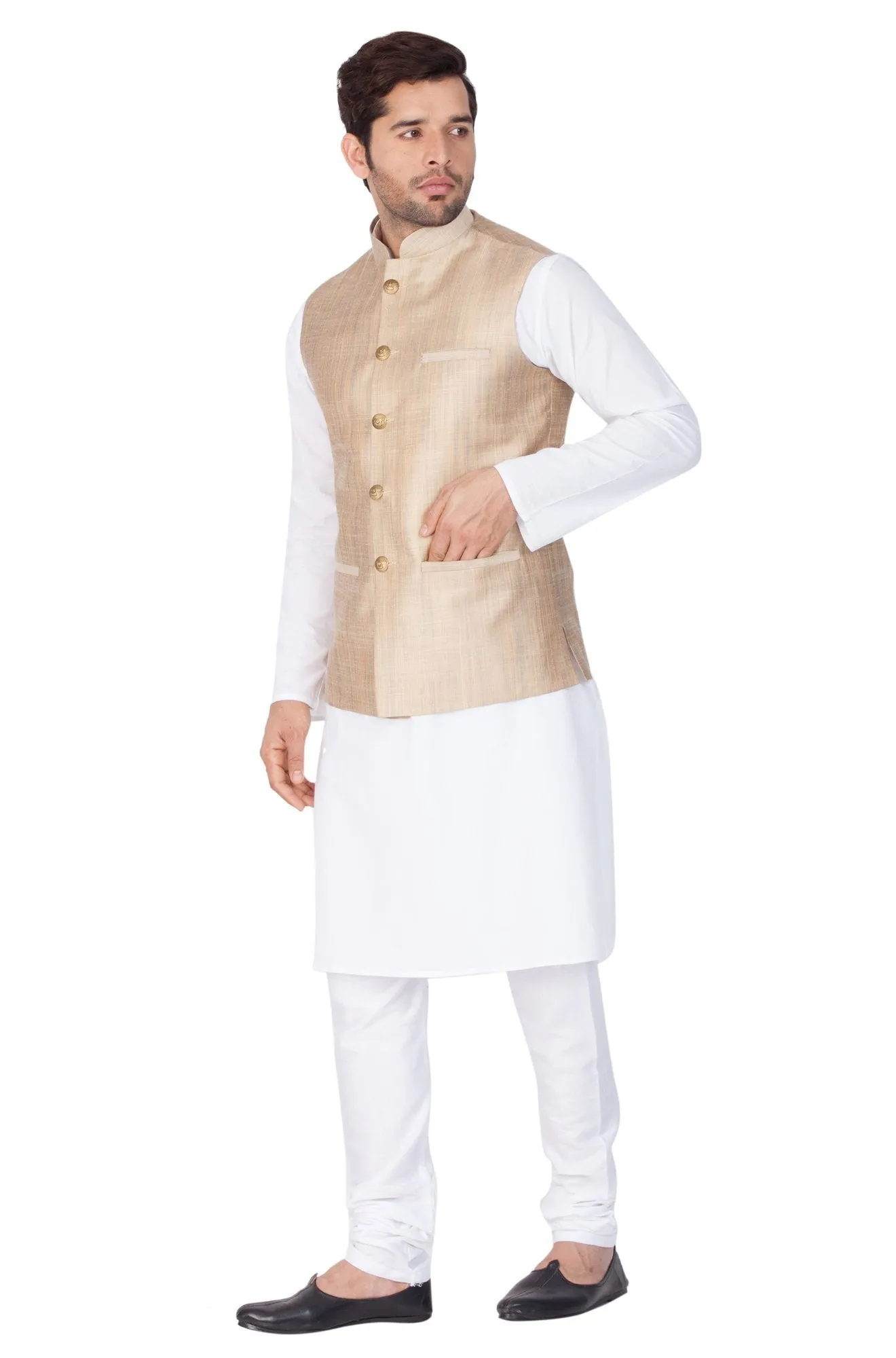 VASTRAMAY Men's White Cotton Blend Kurta, Ethnic Jacket and Pyjama Set