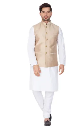 VASTRAMAY Men's White Cotton Blend Kurta, Ethnic Jacket and Pyjama Set