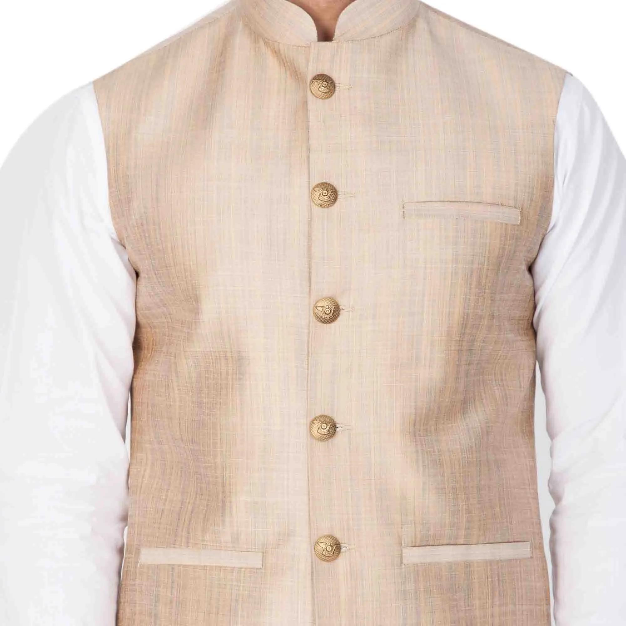 VASTRAMAY Men's White Cotton Blend Kurta, Ethnic Jacket and Pyjama Set