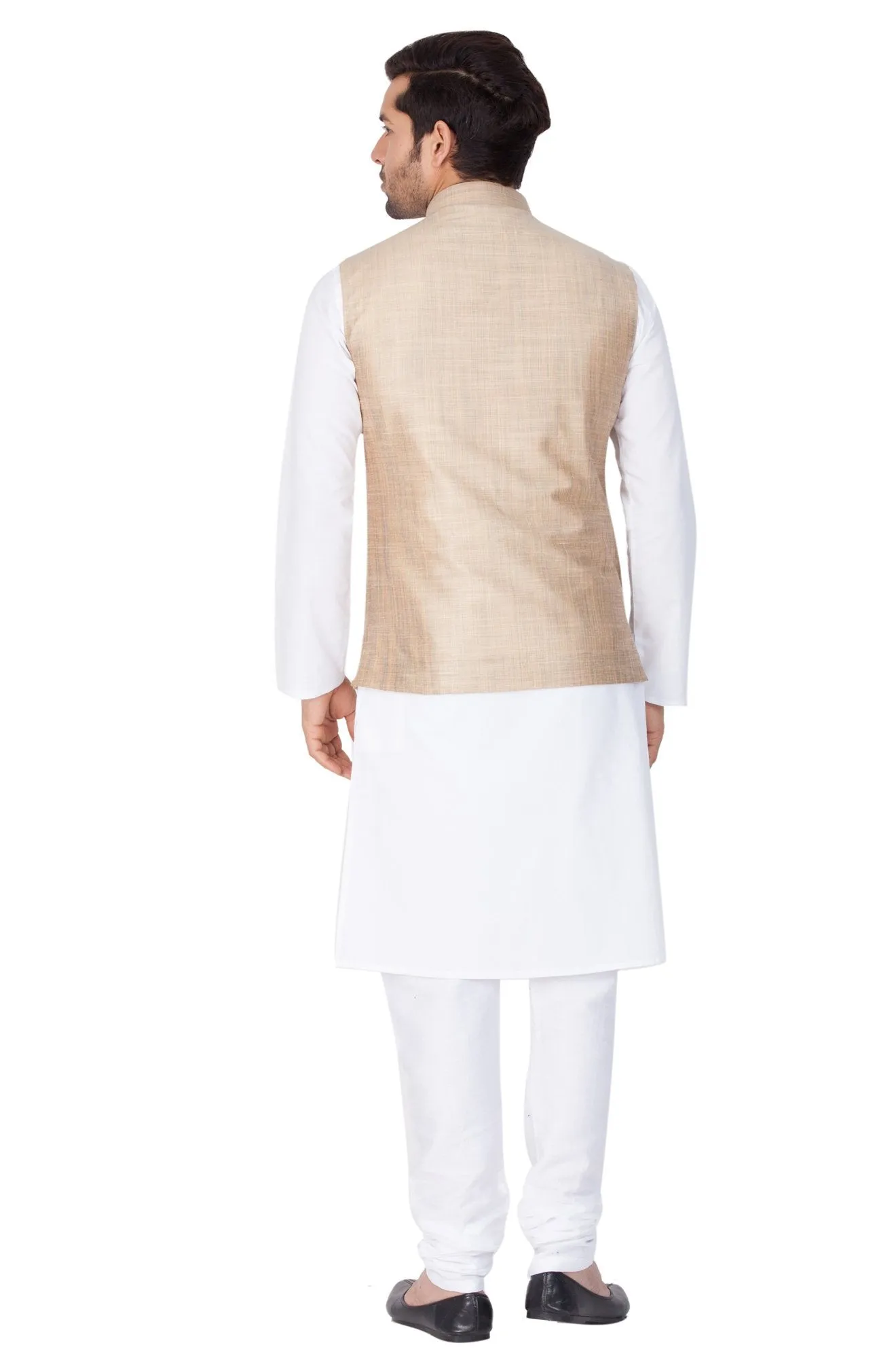 VASTRAMAY Men's White Cotton Blend Kurta, Ethnic Jacket and Pyjama Set