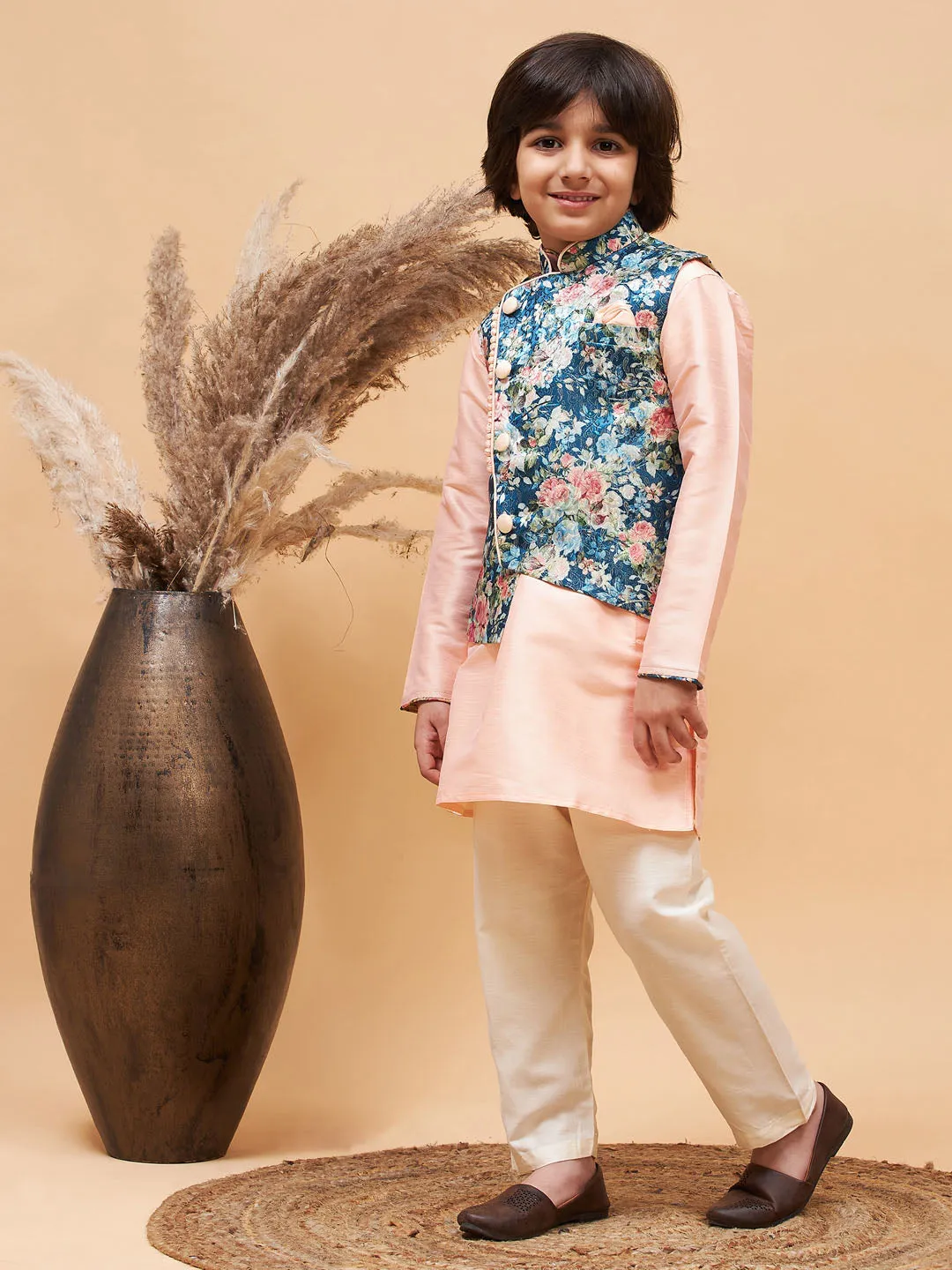 VASTRAMAY Peach Floral Jacquard Jacket With Silk Kurta and Pyjama Set