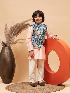 VASTRAMAY Peach Floral Jacquard Jacket With Silk Kurta and Pyjama Set