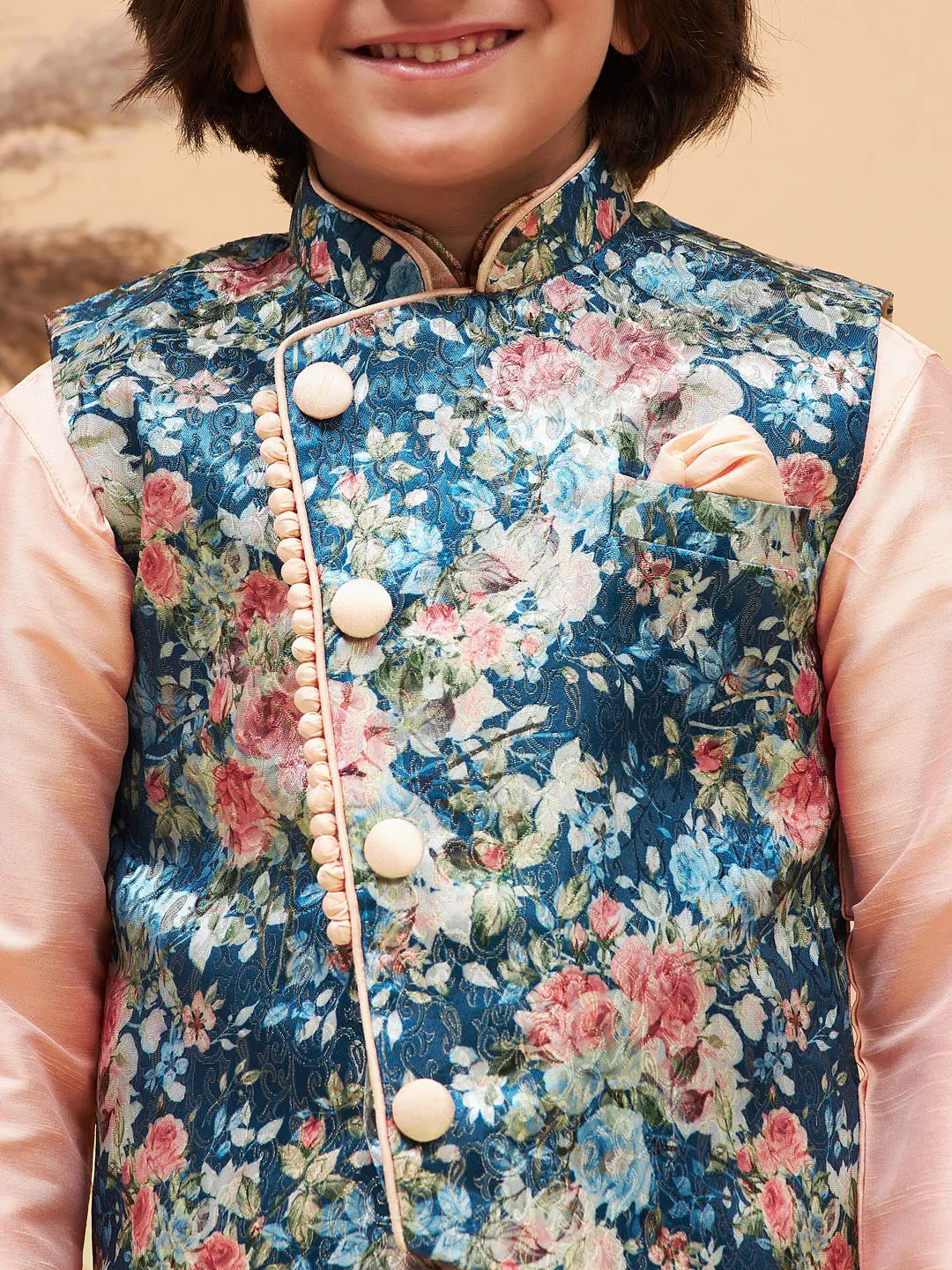 VASTRAMAY Peach Floral Jacquard Jacket With Silk Kurta and Pyjama Set