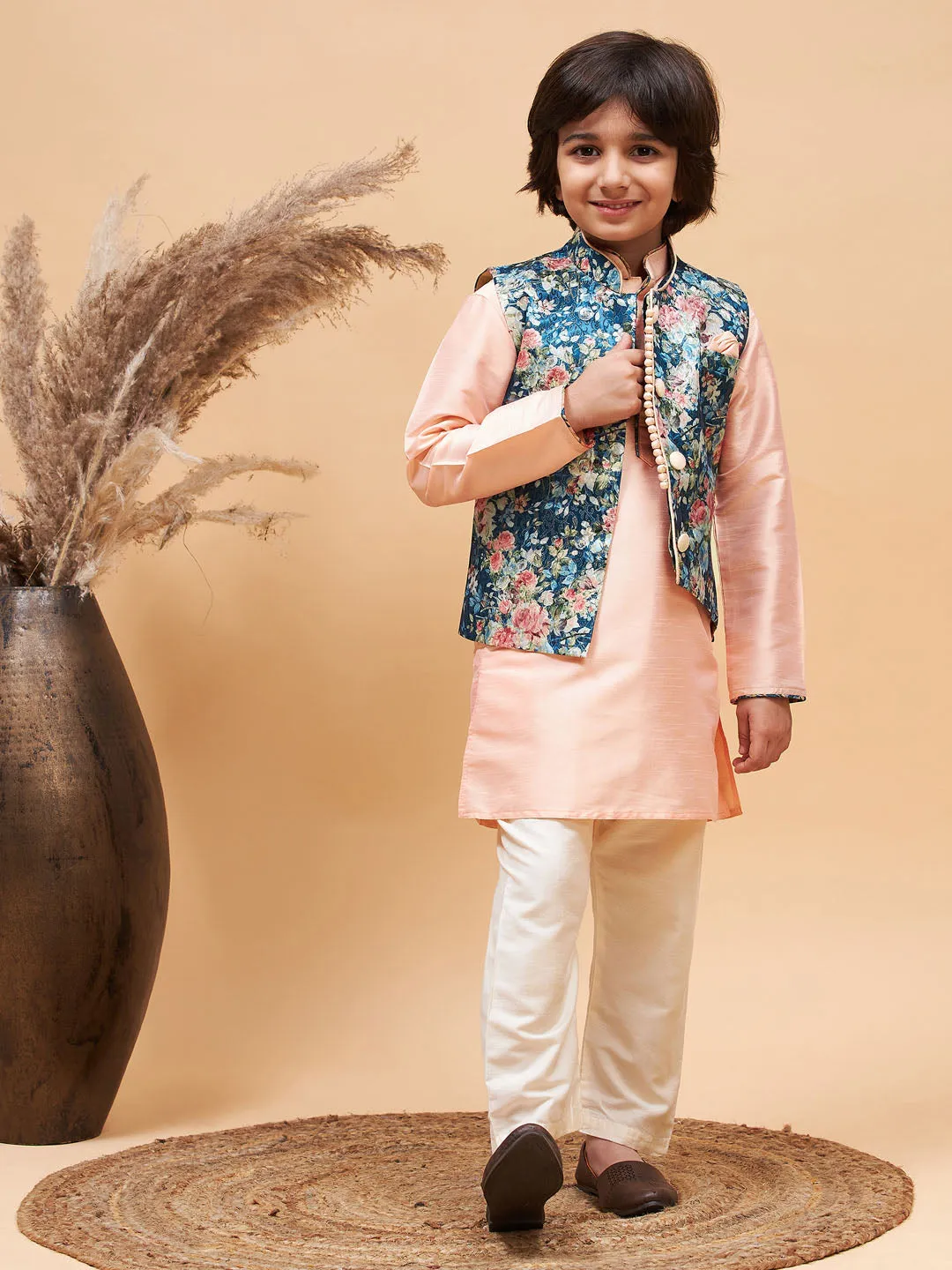 VASTRAMAY Peach Floral Jacquard Jacket With Silk Kurta and Pyjama Set