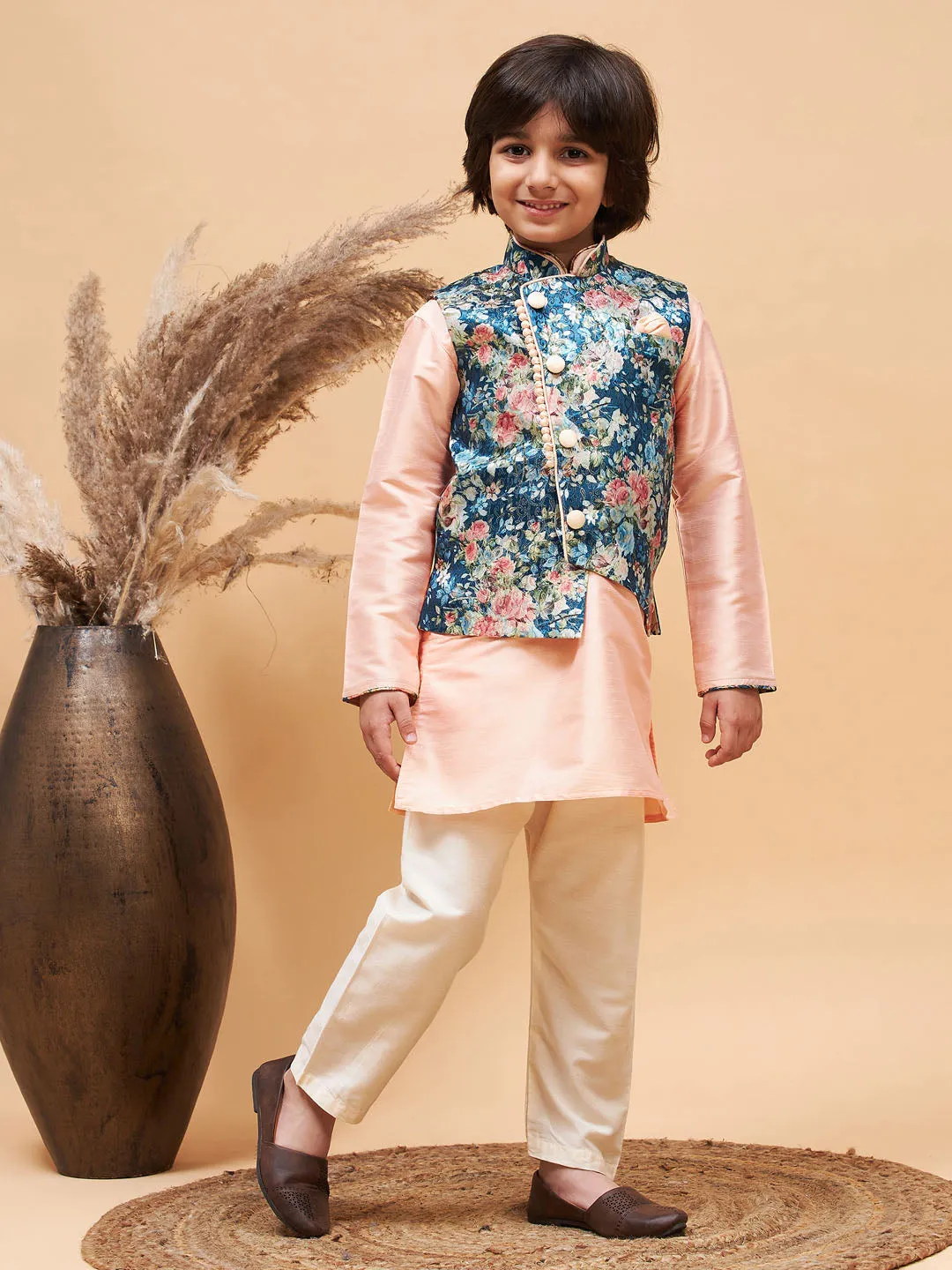 VASTRAMAY Peach Floral Jacquard Jacket With Silk Kurta and Pyjama Set