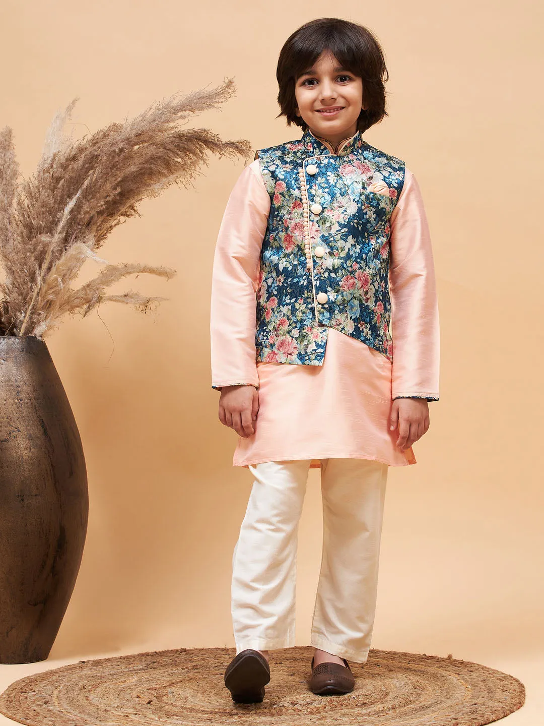 VASTRAMAY Peach Floral Jacquard Jacket With Silk Kurta and Pyjama Set