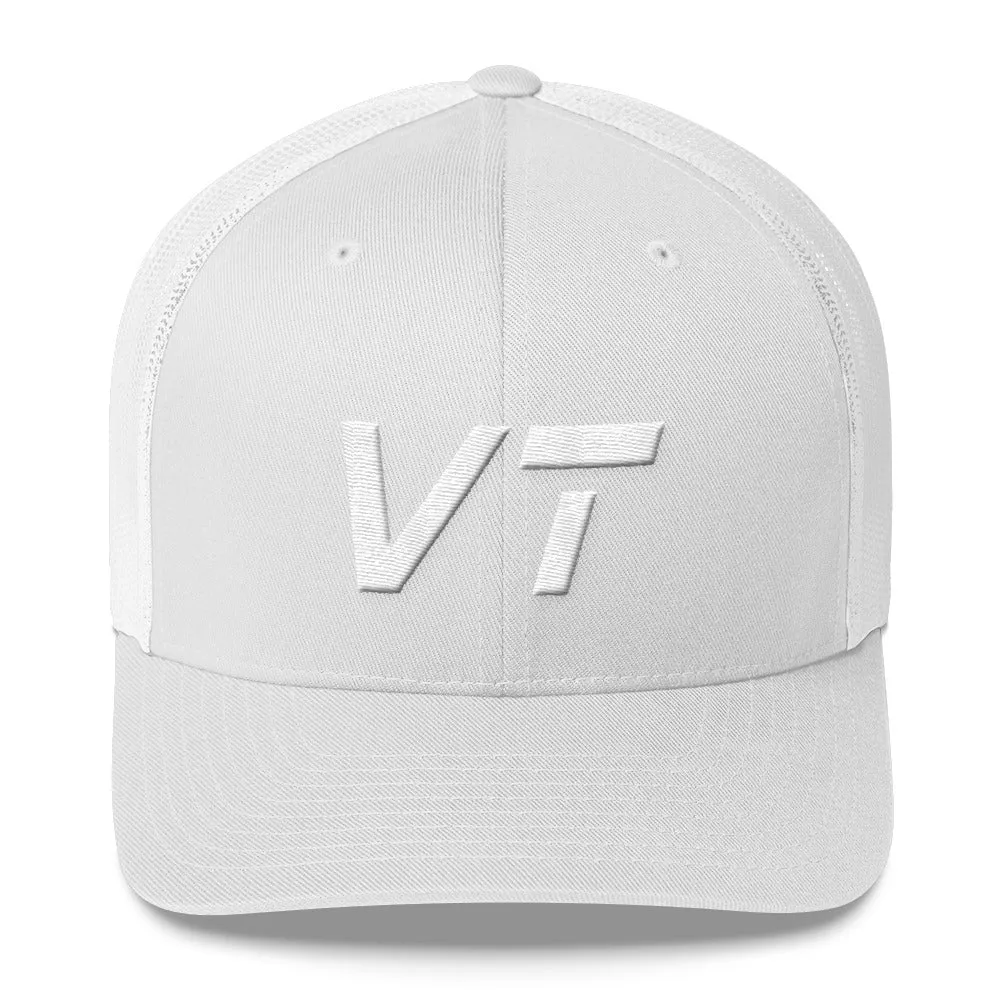 Vermont - Mesh Back Trucker Cap - White Embroidery - VT - Many Hat Color Options Available