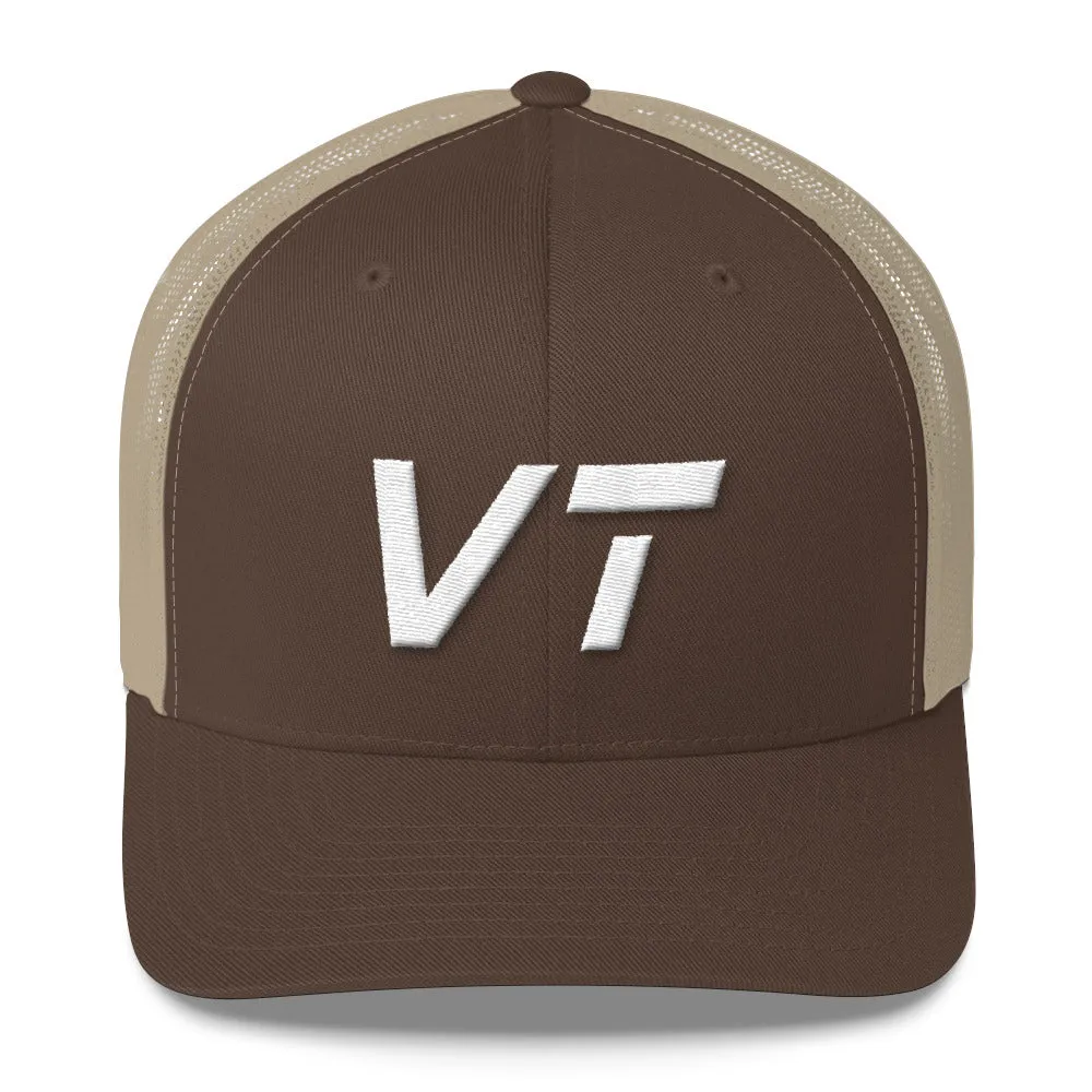 Vermont - Mesh Back Trucker Cap - White Embroidery - VT - Many Hat Color Options Available