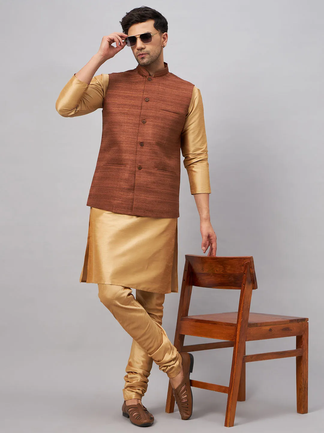 VM BY VASTRAMAY Men's Coffee Jacket With Rose Gold Kurta And Pyjama Set