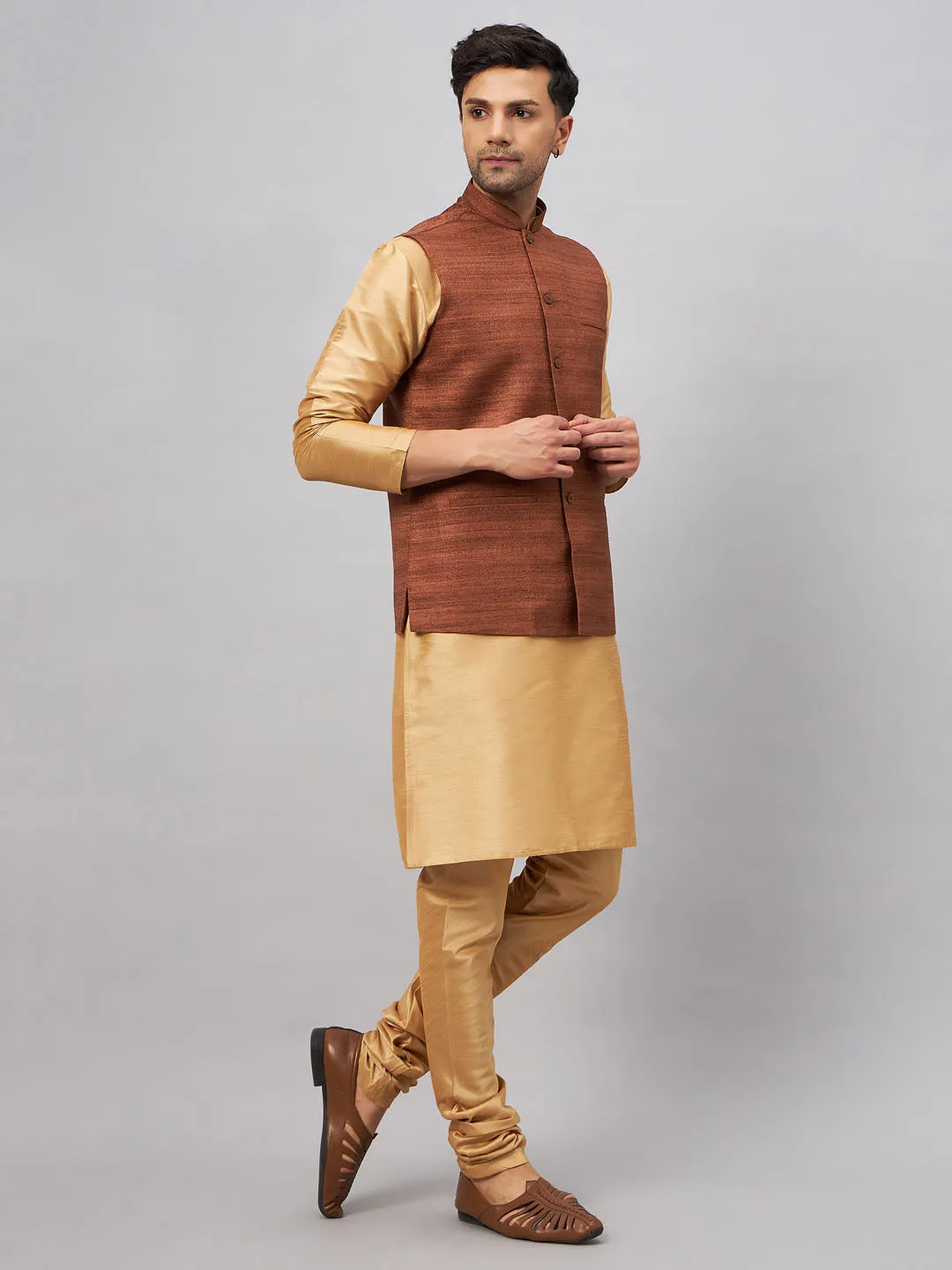 VM BY VASTRAMAY Men's Coffee Jacket With Rose Gold Kurta And Pyjama Set