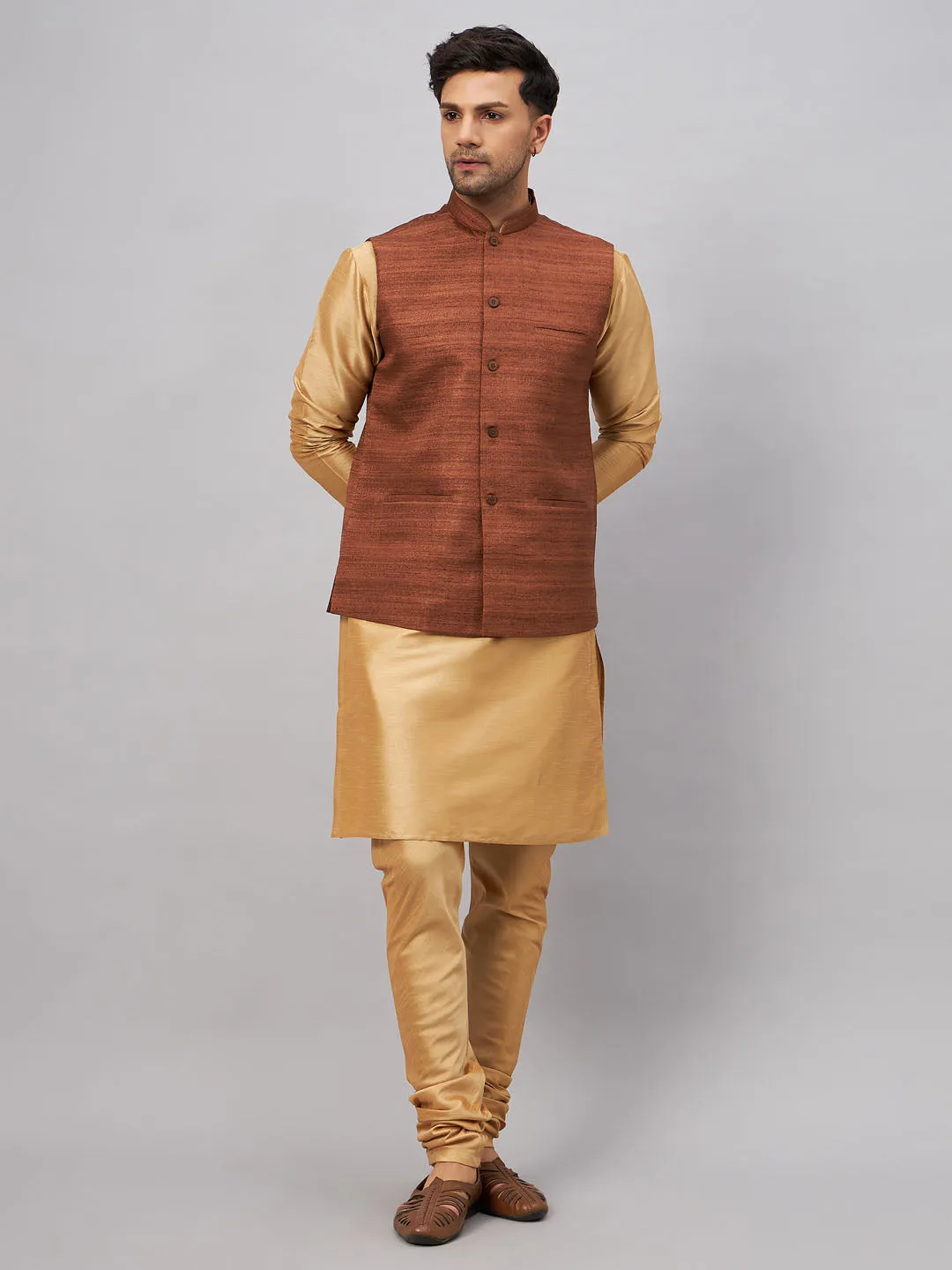 VM BY VASTRAMAY Men's Coffee Jacket With Rose Gold Kurta And Pyjama Set