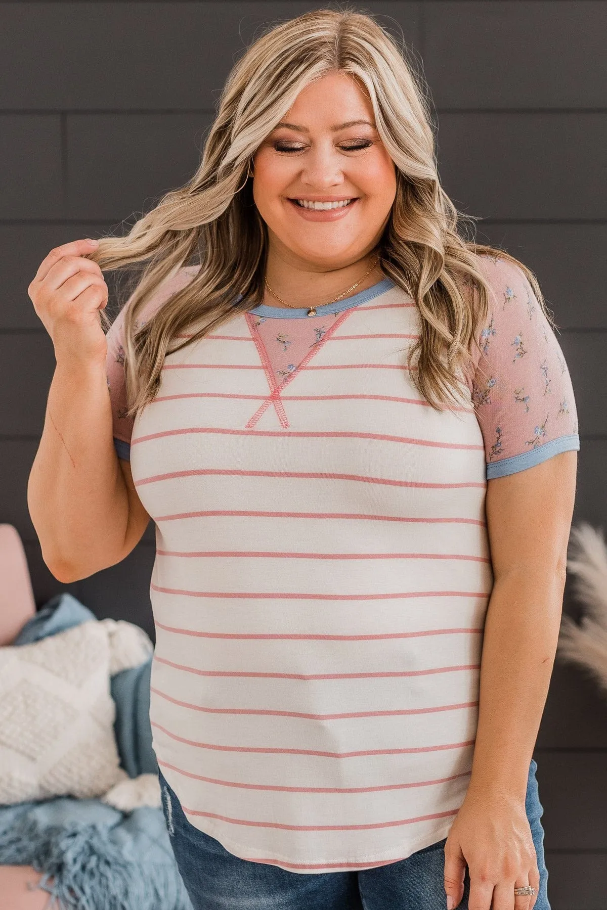 Win You Over Short Sleeve Raglan Top- Ivory & Pink