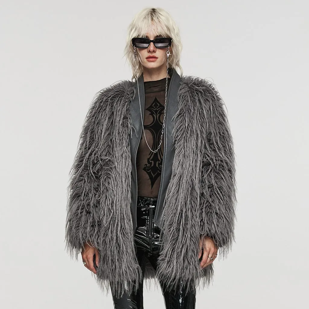 Women's Gothic Faux Fur Splice Faux Leather Coat Grey