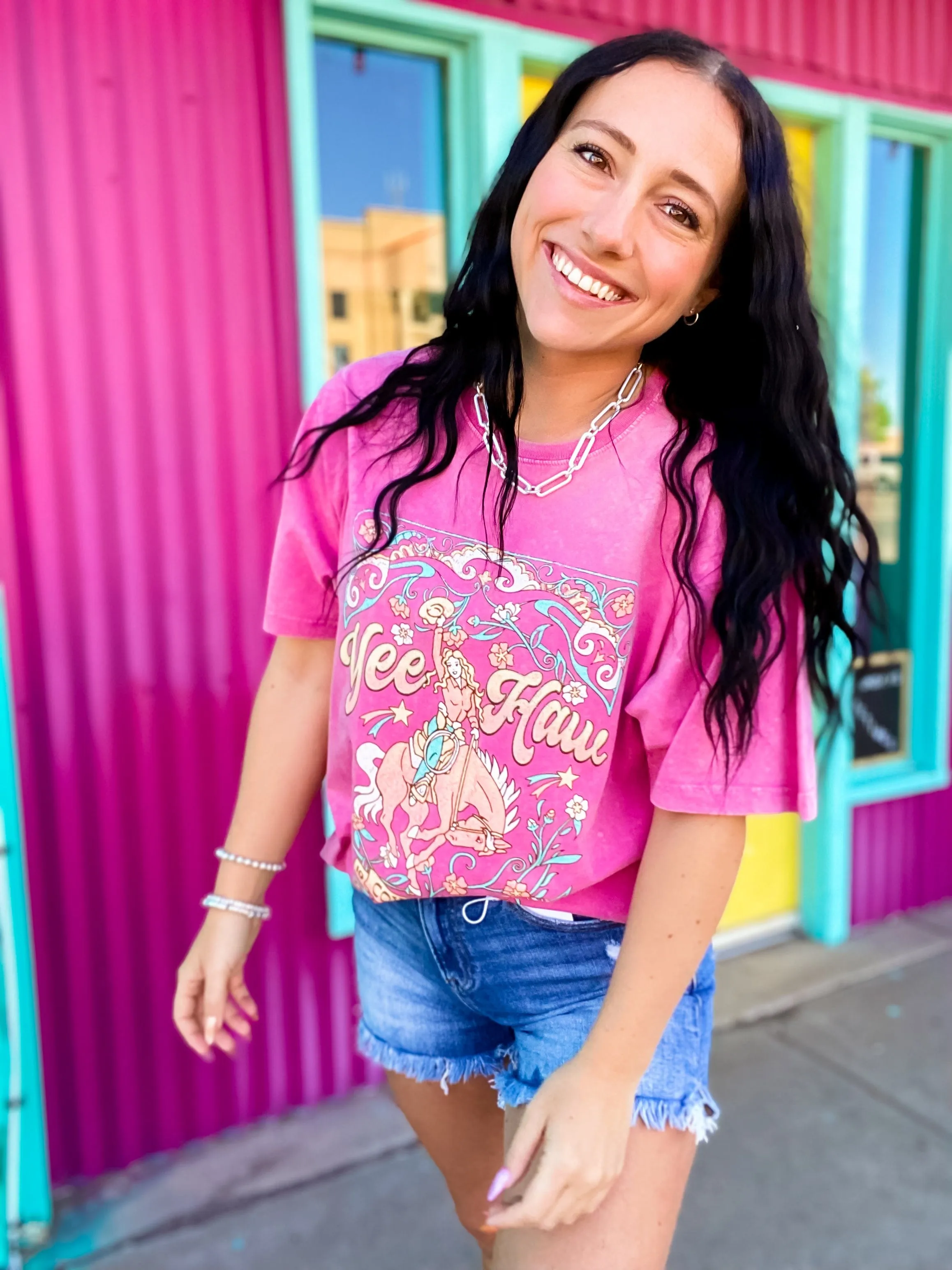 Yeehaw Mineral Washed Tee in Hot Pink