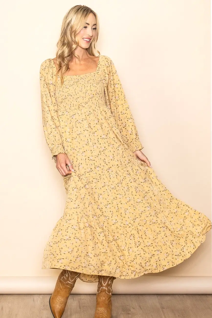 Yellow Floral Smocked Long Sleeve Maxi Dress