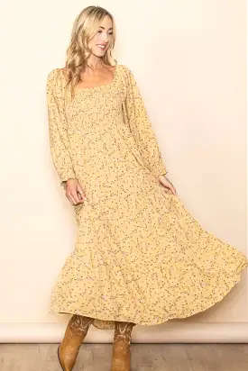 Yellow Floral Smocked Long Sleeve Maxi Dress