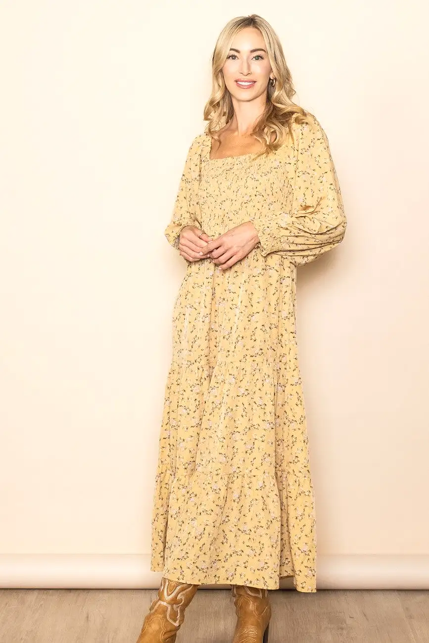 Yellow Floral Smocked Long Sleeve Maxi Dress