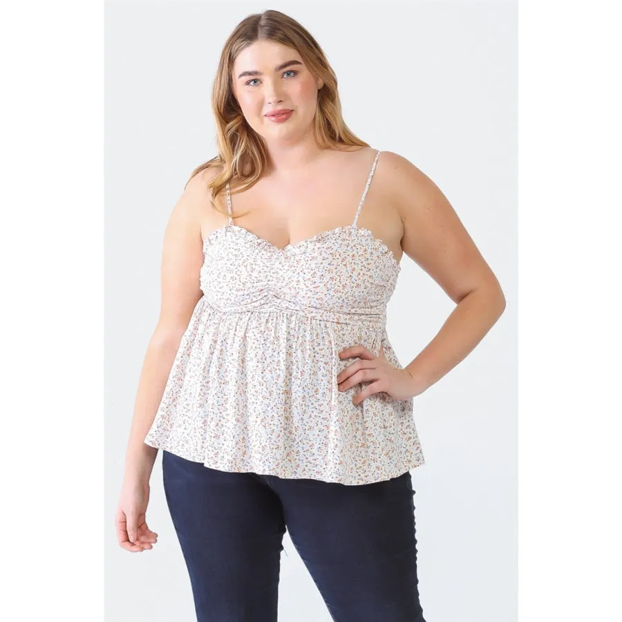 Zenobia Plus Size Frill Smocked Floral Sweetheart Neck Cami