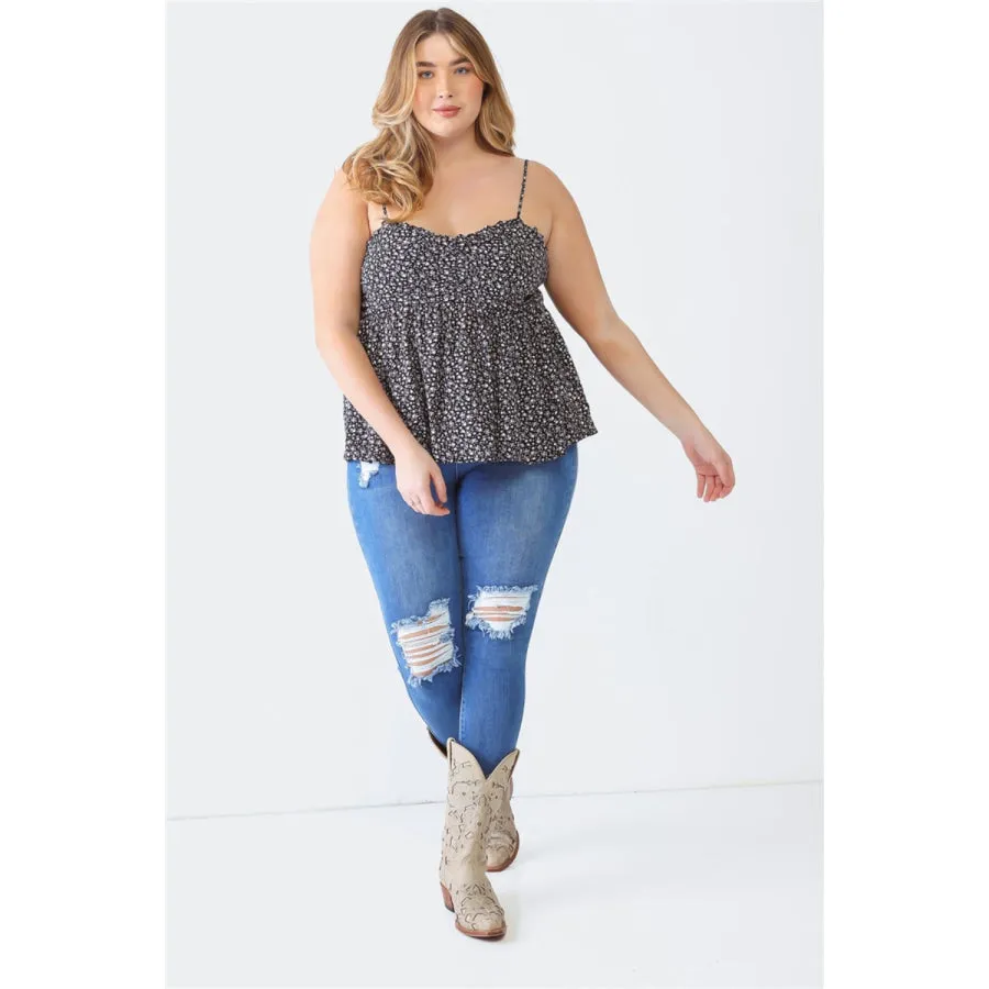 Zenobia Plus Size Frill Smocked Floral Sweetheart Neck Cami