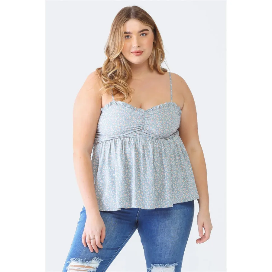 Zenobia Plus Size Frill Smocked Floral Sweetheart Neck Cami